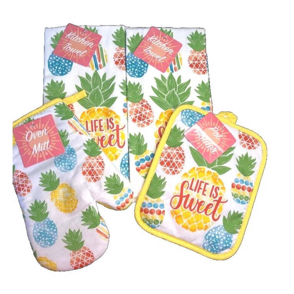 Life is Sweet Pineapple Kitchen Dish Towels Oven Mitt Potholder Beach Set of 4